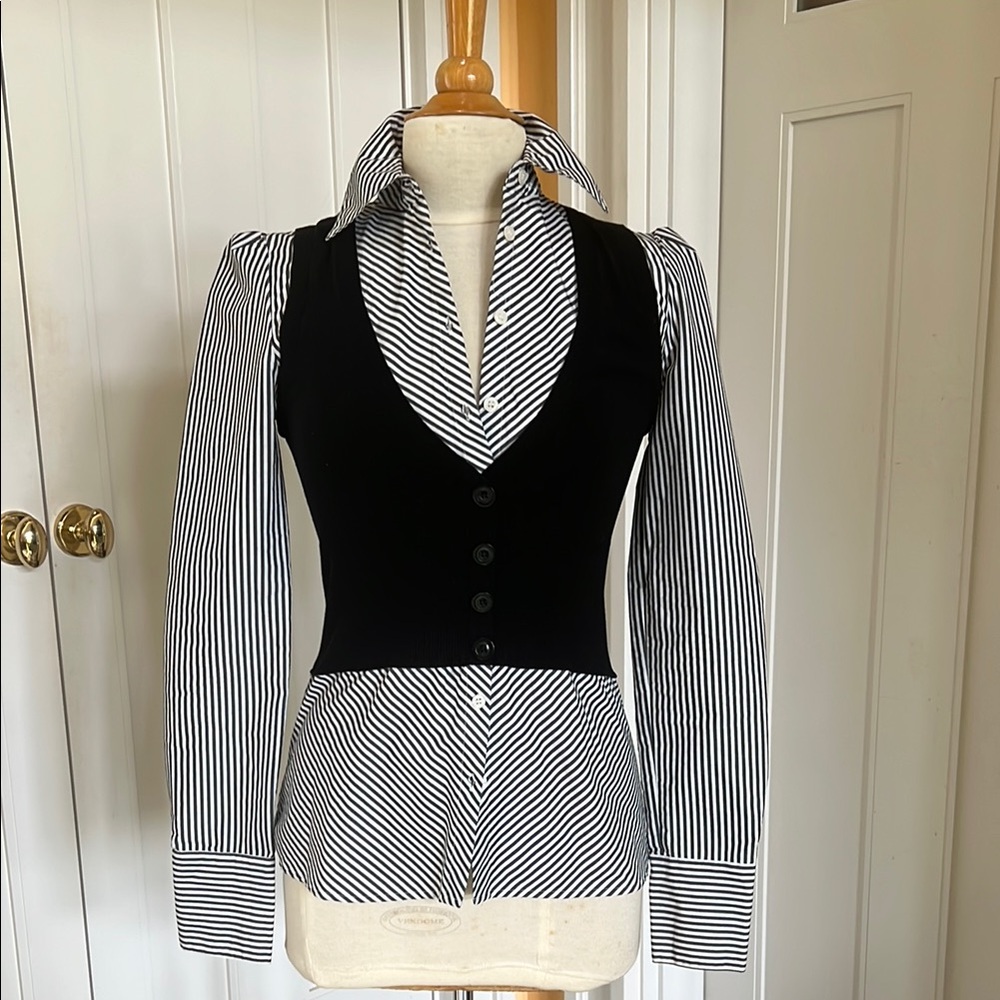 Long sleeve b&w striped shirt with built-in black knit vest.